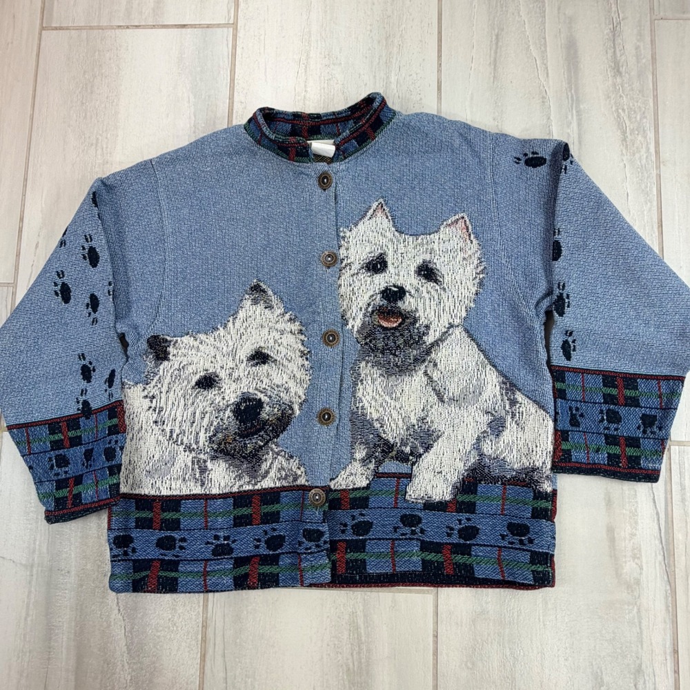 Sugar Street Weavers Westie Dog Tapestry Cardigan Blue Plaid Cotton Large USA